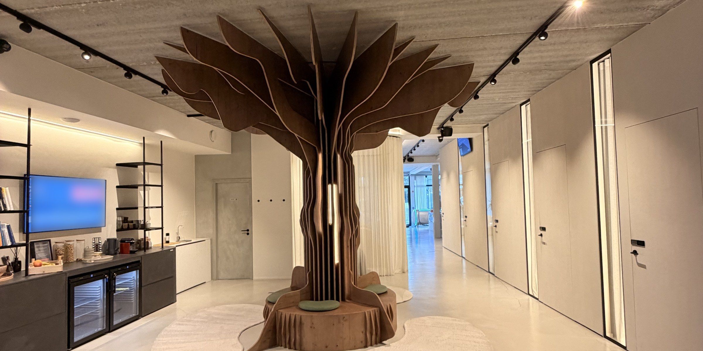 Houten boomsculptuur in de gang van een van onze eigen centra